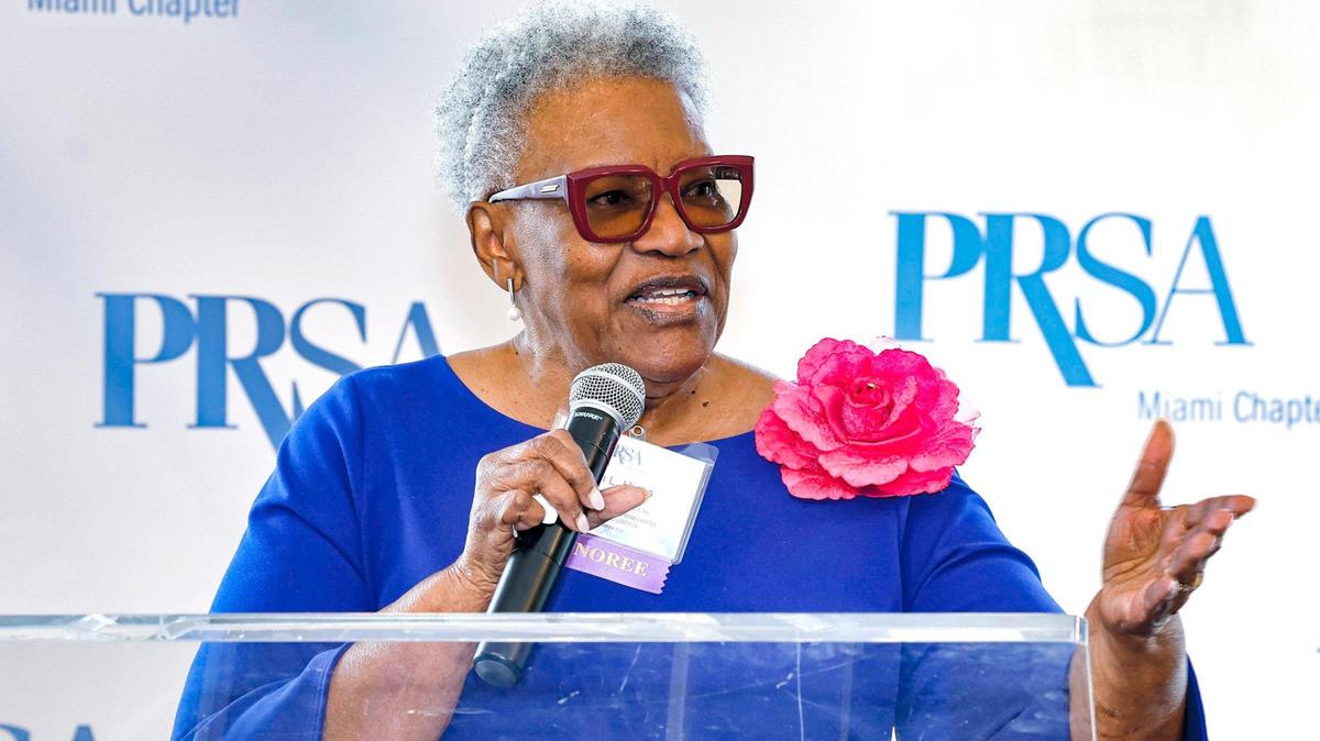 Bea Hines, the Miami Herald columnist and the Herald’s first Black female reporter, speaks after receiving the Royal Palm Award at the Ev Clay/PRSA Miami Chapter Endowment Fund Luncheon at the Rusty Pelican restaurant in Miami on Friday, Oct. 6, 2023. ‘I want you to know that I stand before you today as a woman who is totally humbled.’