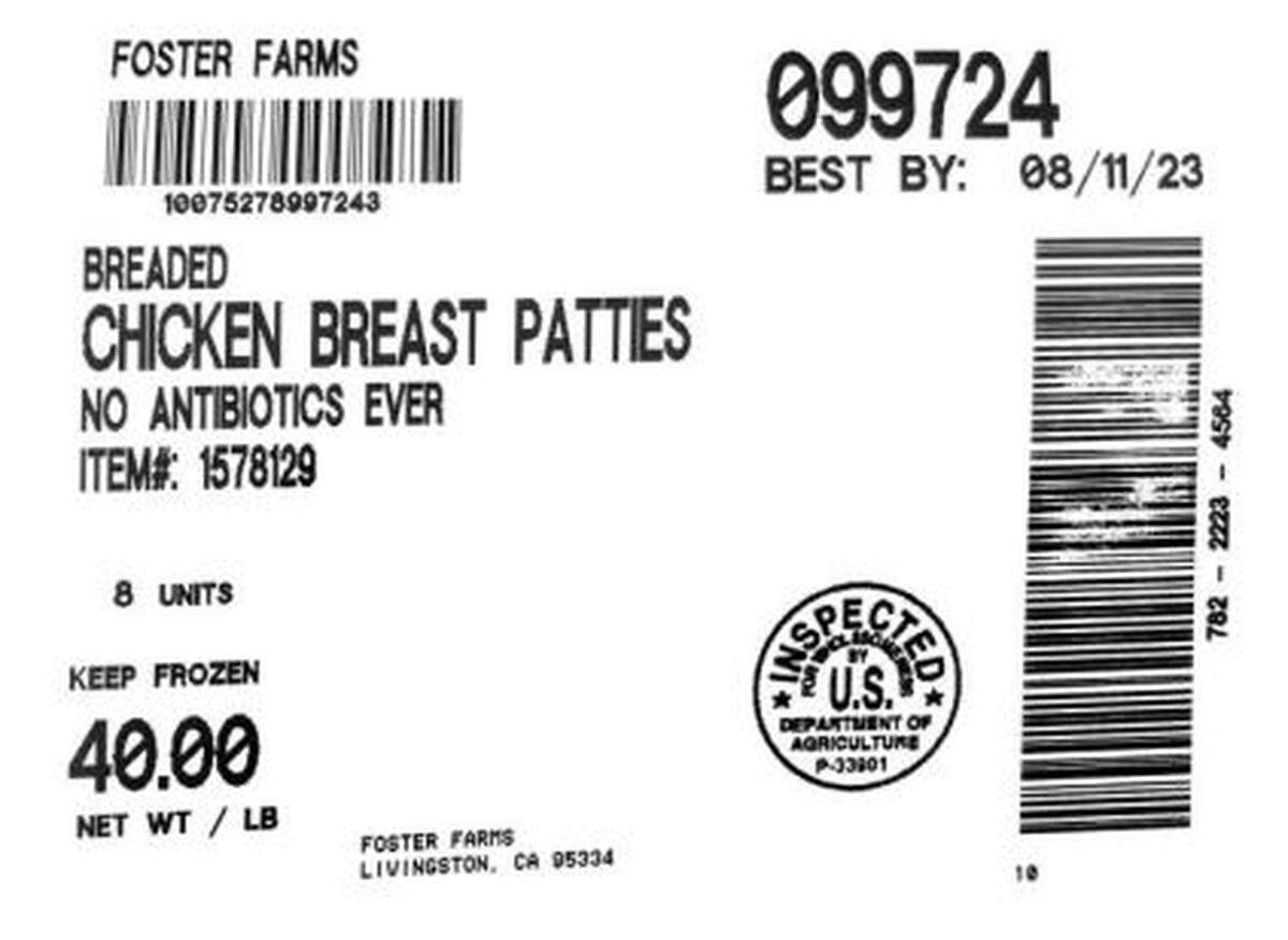 The case label for the recalled Foster Farms Chicken Patties