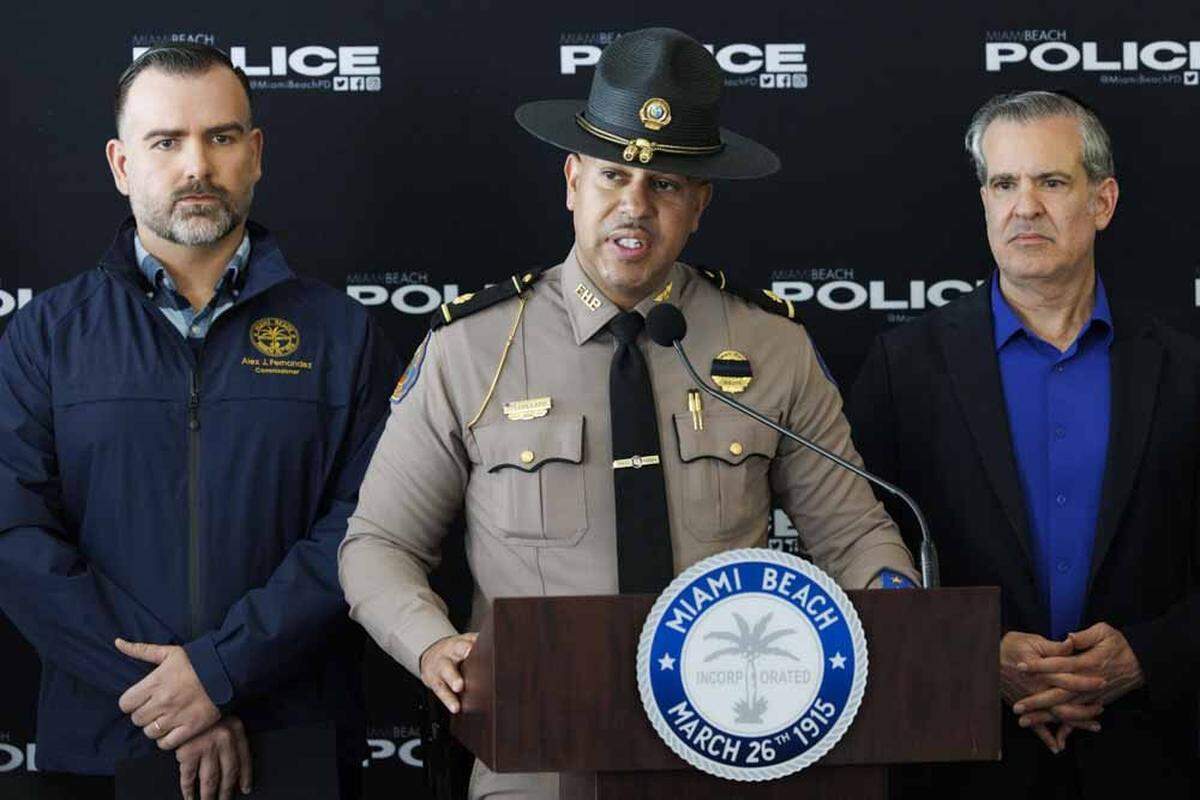 Ellery Collado, major with Florida Highway Patrol, talks about measures for dealing with spring break in Miami Beach during a press conference on Tuesday, Feb. 24, 2026, at Miami Beach Police Headquarters. 