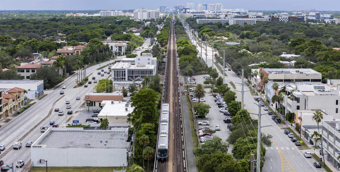A Metrorail train arrives to the Douglas Road station on Thursday, Aug. 7, 2025, in Miami.