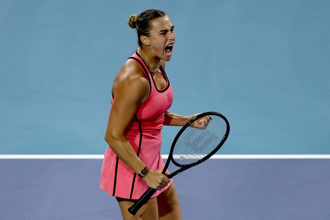 MIAMI GARDENS, FLORIDA - MARCH 26: Aryna Sabalenka celebrates winning the first set while playing Elena Rybakina of Kazakhstan during the Women's Singles Semifinals on Day 10 of the Miami Open Presented by Itau at Hard Rock Stadium on March 26, 2026 in Miami Gardens, Florida. (Photo by Matthew Stockman/Getty Images)