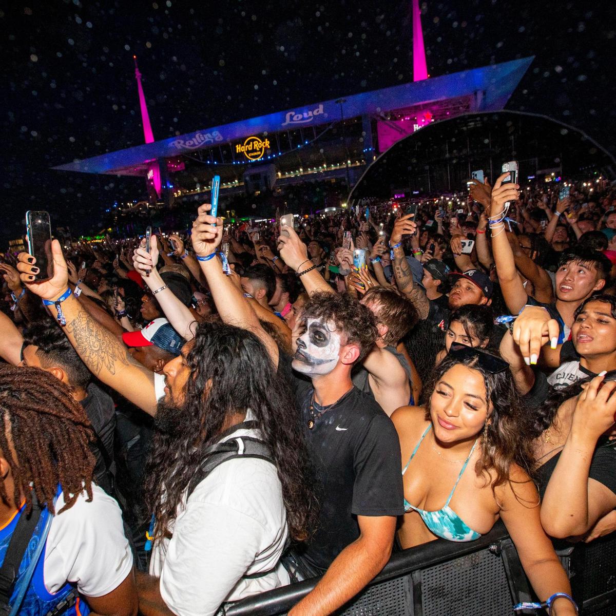 Festival goers react during a performance by Houston rapper Don Toliver during the first day of Rolling Loud Miami, an international hip-hop festival, at Hard Rock Stadium in Miami Gardens, Florida, on Friday, July 22, 2022.