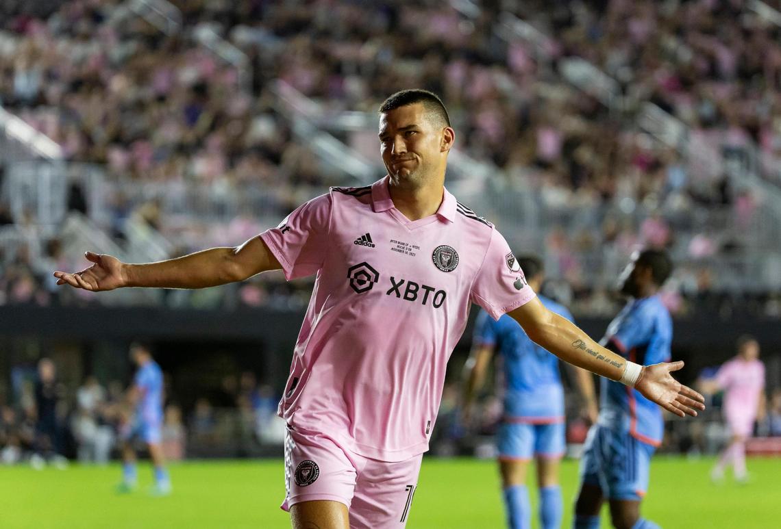 Inter Miami forward Robbie Robinson (19) reacts after scoring a goal against New York City FC in the second half of their Noche d’Or soccer match at DRV PNK Stadium on Friday, Nov. 10, 2023, in Fort Lauderdale, Fla.