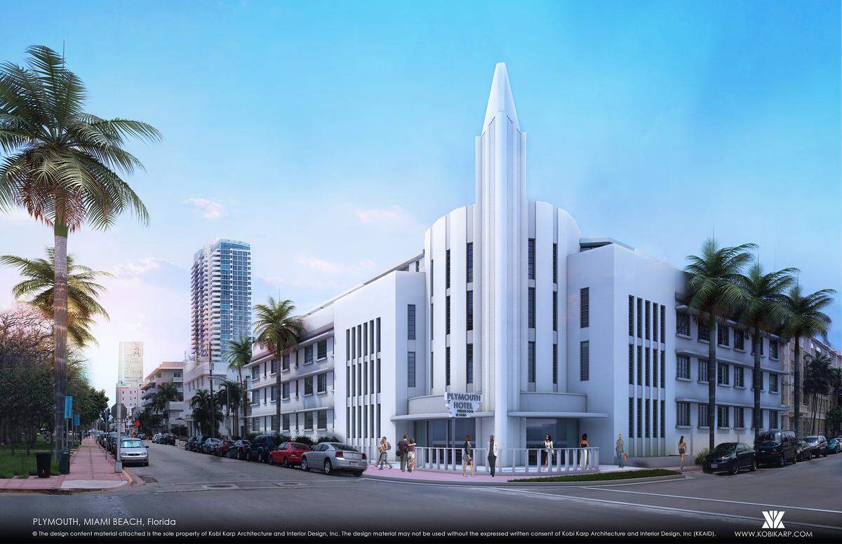 An architectural rendering shows a restored Plymouth Hotel in the Collins Park historic district in Miami Beach. The landmark hotel is now open.