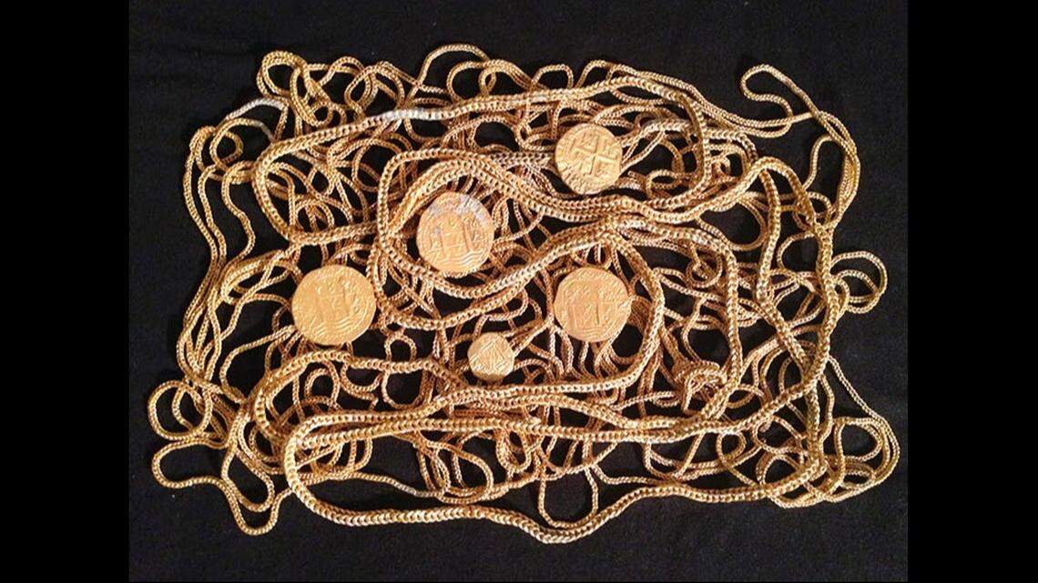 The gold items are from the 1715 Fleet, a collection of Spanish treasure ships that sank during a hurricane off Florida’s coast in 1715. The artifacts are protected by state and federal law, the Florida Fish and Wildlife Conservation Commission says.