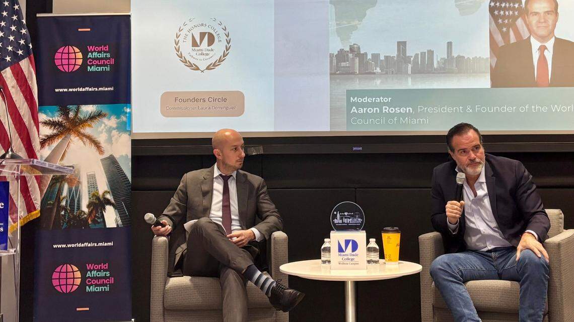 Special envoy for Latin America Mauricio Claver-Carone (right) discusses U.S. policies toward the region during a conversation with the president of the World Affairs Council of Miami, Aaron Rosen.