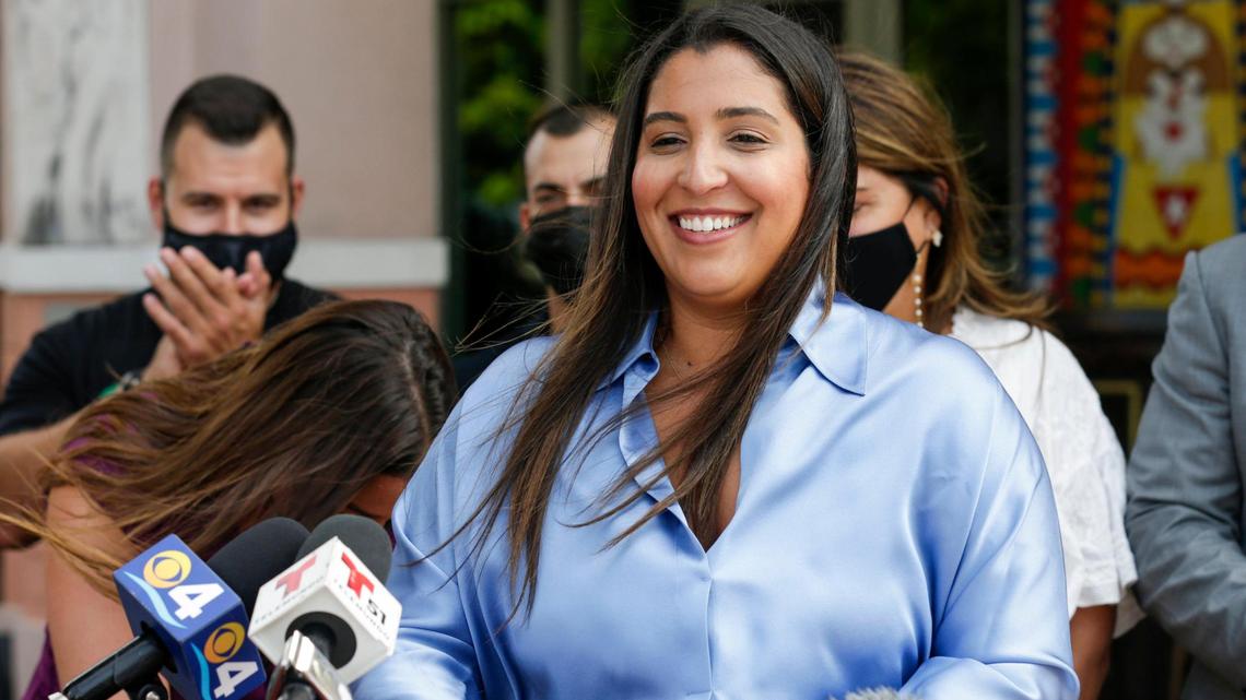 Janelle Perez announces her candidacy for Florida’s 27th Congressional District during press conference from Eighth Street in the neighborhood of Little Havana in Miami. Florida on Wednesday, August 4, 2021.
