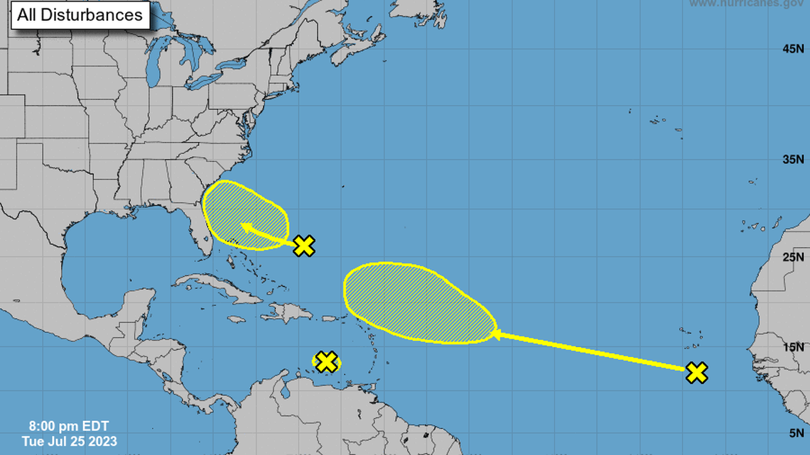 The National Hurricane Center was monitoring three disturbances in the Atlantic on July 25, 2023.