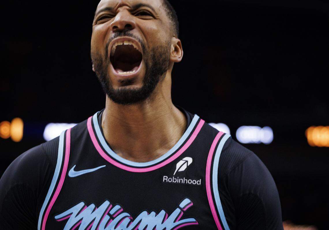 Miami Heat guard Norman Powell (24) reacts during the second half of a game against the New York Knicks on Monday, Nov. 17, 2025, at the Kaseya Center in downtown Miami, Fla.