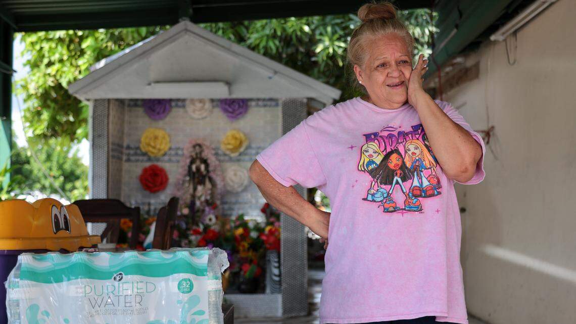 Yolanda Lopez, 63, reacts as she talks about having to relocate her family and mobile home at 11235 NW Flagler Lane at the Li'l Abner Mobile Home Park in Sweetwater, Florida, Monday, October 20, 2025.
