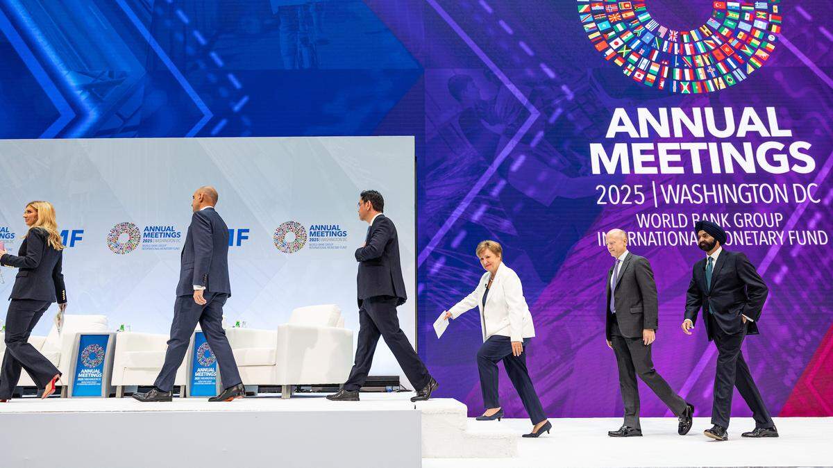Kristalina Georgieva, managing director of the International Monetary Fund, in white, recently joined finance ministers and others from around the globe for the Fund’s annual meeting in Washington, D.C.