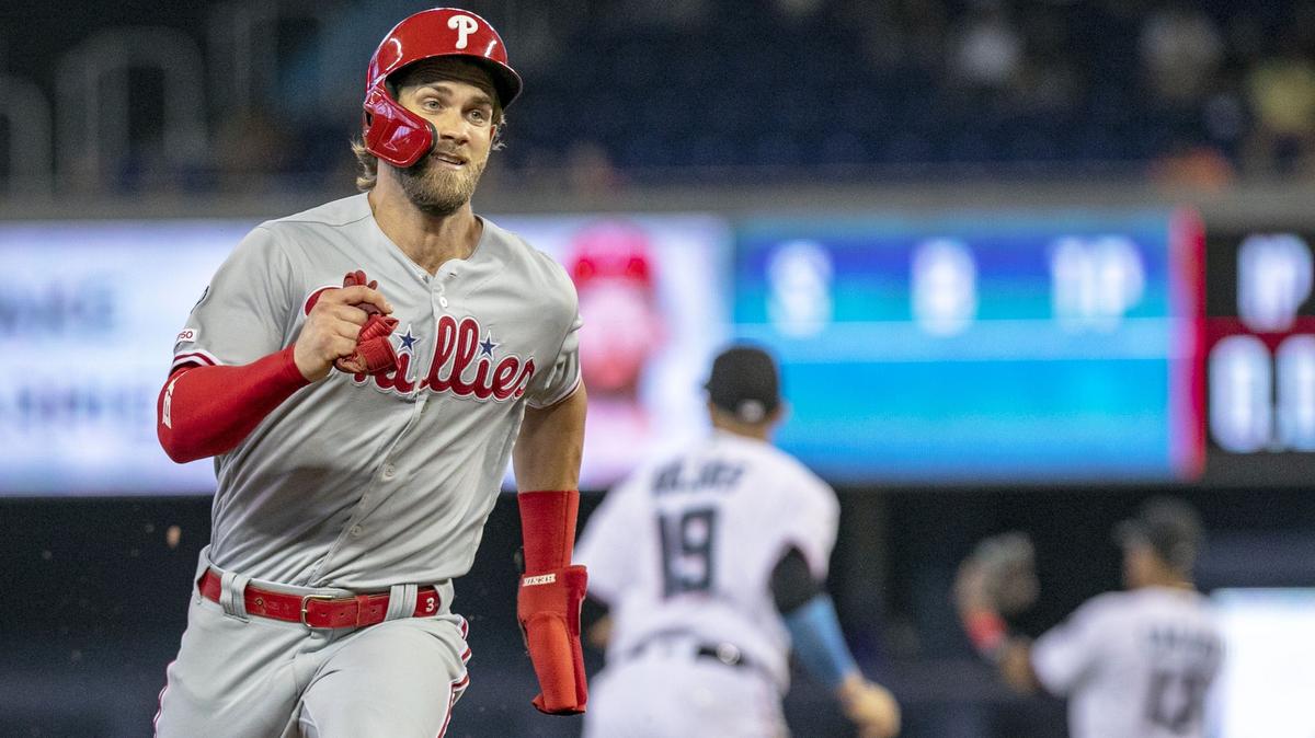 Bryce Harper had three hits, four RBI and two runs scored on Sunday as the Philadelphia Phillies avoided a three-game sweep against the Miami Marlins at Marlins Park.