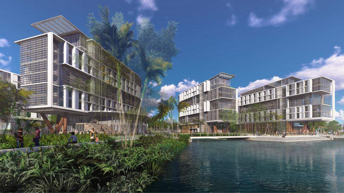 An architectural rendering shows the University of Miami’s planned new Centennial Village residential complex for freshmen that would replace four dorm towers on Lake Osceola that have long been a campus landmark.