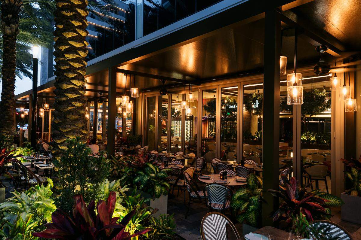 The patio at Serafina Italian restaurant at night.