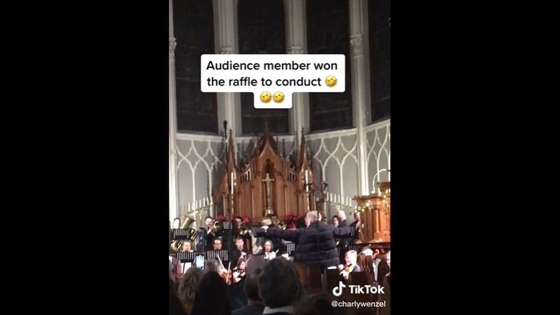 The audience member went all-out conducting “Sleigh Ride” for the New York symphony’s Christmas concert.