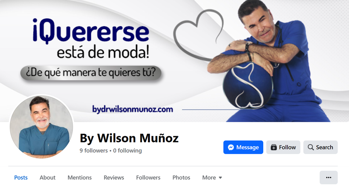 Wilson Muñoz Suarez’s Facebook page cover photo. Note the “bydrwilsonmunoz.com” at the bottom of the photo. That website remains up, but stripped of photos.