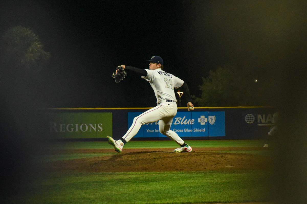 Sean Reynolds pitches in the Pensacola Blue Wahoos’ win over the Montgomery Biscuits on Thursday, Sept. 22, 2022.