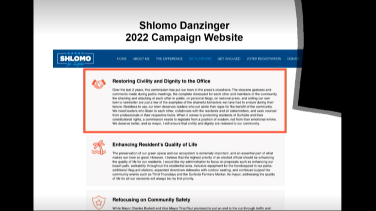 An image from Surfside Mayor Shlomo Danzinger’s campaign website was featured in a slideshow Danzinger presented at a Town Commission meeting on Aug. 8, 2023.