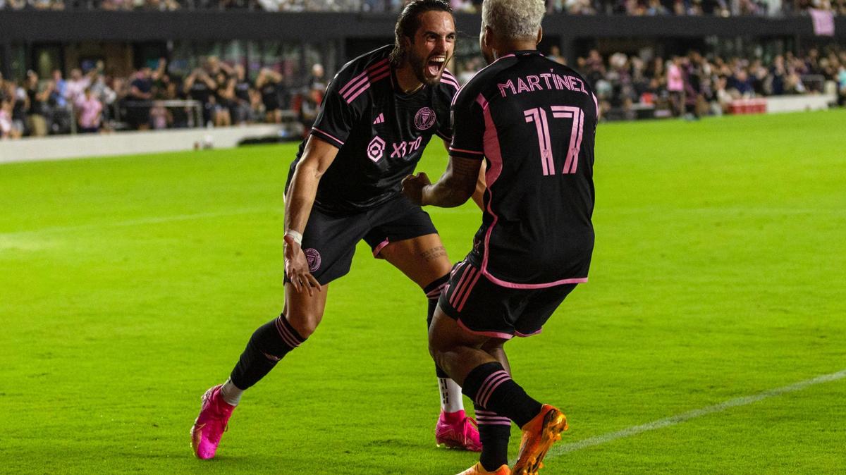 Inter Miami CF forward Josef Martínez (17) reacts to scoring a penalty kick with teammate Leonardo Campana (9) during the second half of an MLS game against Atlanta United at DRV PNK Stadium in Fort Lauderdale, Florida, on Saturday, May 6, 2023.