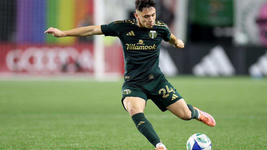 PORTLAND, OREGON - NOVEMBER 01: David Ayala #24 of Portland Timbers passes during the 2025 MLS Cup Playoff match between San Diego FC and Portland Timbers at Providence Park on November 01, 2025 in Portland, Oregon.  (Photo by Steph Chambers/Getty Images)