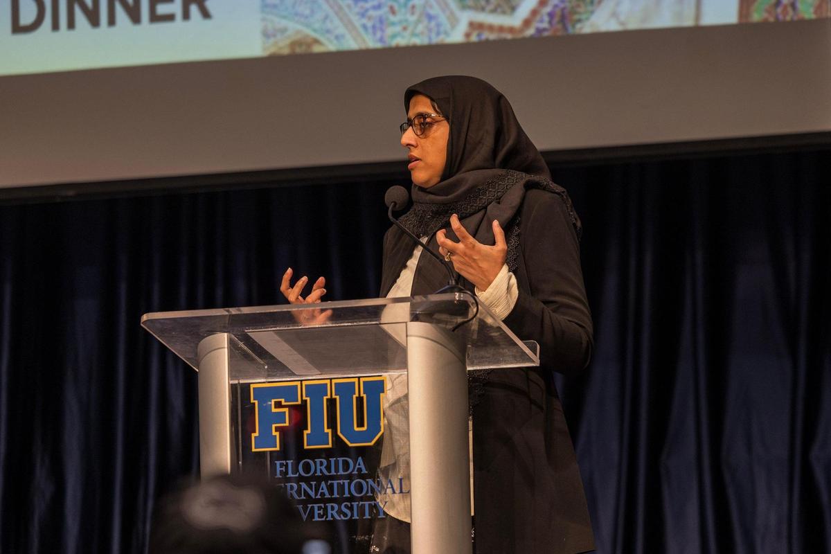 Dr. Aisha Subhani speaks during the Florida International University iftar dinner in 2025. 