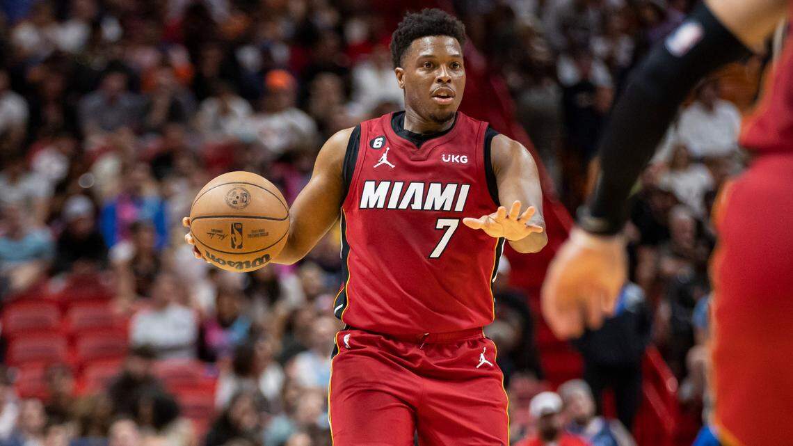 Miami Heat guard Kyle Lowry (7) looks to pass against the Memphis Grizzlies during the fourth quarter of an NBA game at Miami-Dade Arena on Wednesday, March 15, 2023, in Miami.