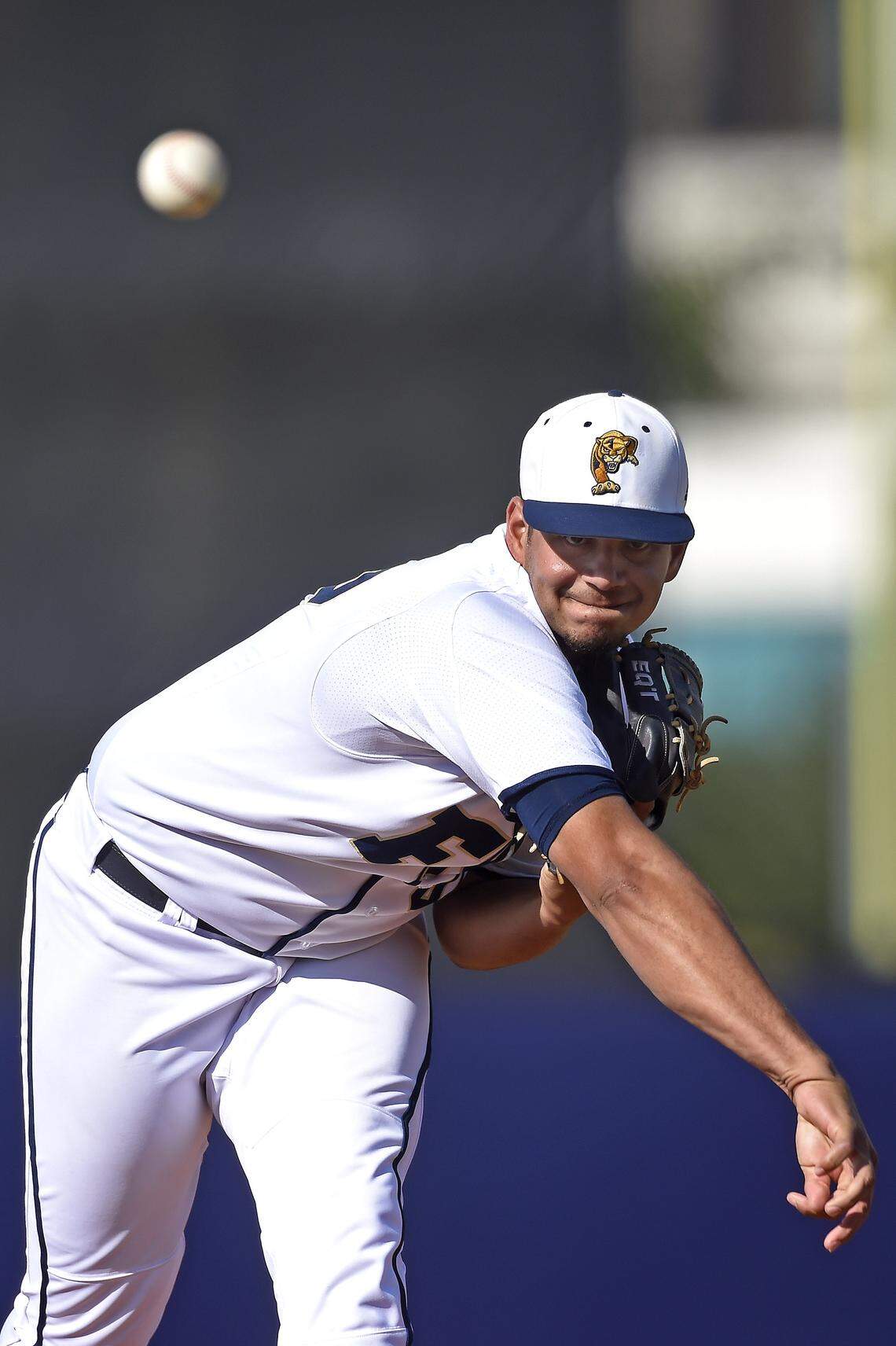 FIU's Andres Nunez (45) pitches as the FIU Golden Panthers defeated the Marshall University Thundering Herd, 15-0, on April 28, 2018, at Infinity Insurance Park in Miami.