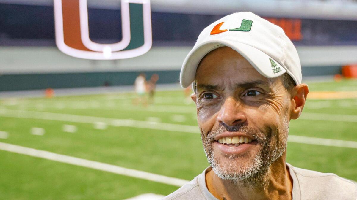 Miami Hurricanes assistant head coach Alex Mirabal speaks to reporters after football practice at the Carol Soffer Indoor Practice Facility in Coral Gables, Florida on Tuesday, March 26, 2024.