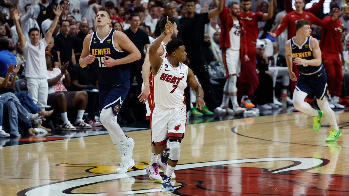 Miami Heat guard Kyle Lowry (7) reacts after hitting a three-pointer in the first half against the Denver Nuggets in Game 4 of the NBA Finals at the Kaseya Center in downtown Miami, Fla. on Friday, June 9, 2023.