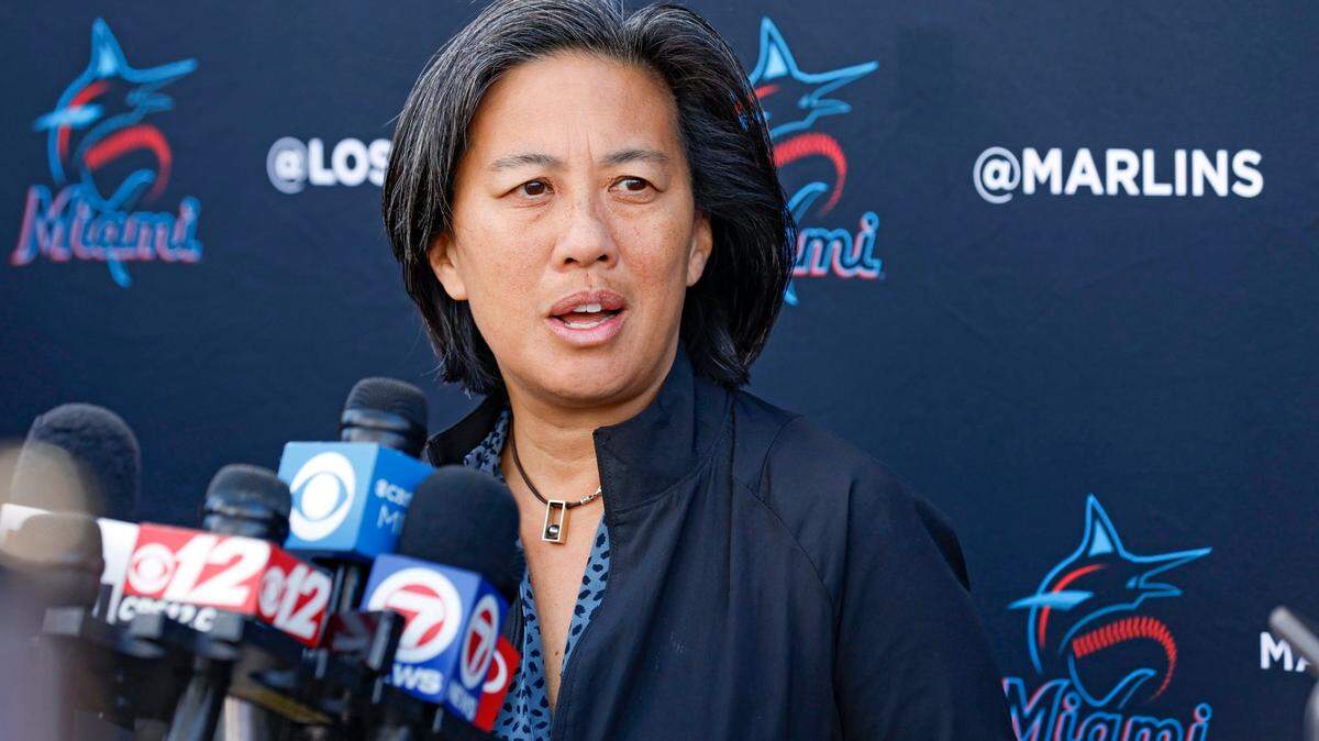 Miami Marlins general manager Kim Ng speaks to the media at Roger Dean Chevrolet Stadium in Jupiter, Florida on Thursday, February 16, 2023.