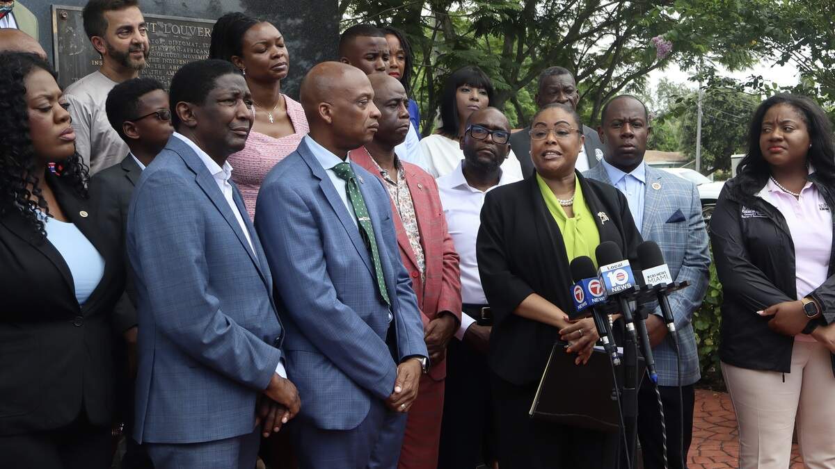 South Florida community activists and organizations gathered at 6136 N Miami Ave. on Friday, June 26, 2025, to denounce the Trump administration terminating TPS for hundreds of thousands of Haitians living in the U.S.