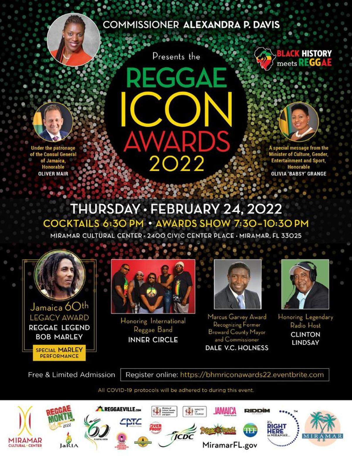 The “Reggae Icon Awards 2022” will be at the Civic Center Place in Miramar starting at 6:30 p.m. on Feb. 24.