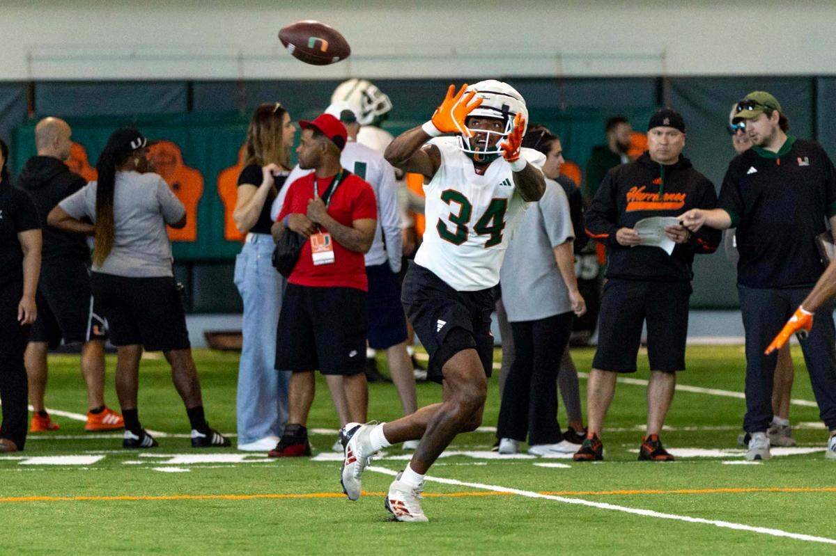Miami Hurricanes linebacker Adarius Hayes during spring practice at the Carol Soffer Indoor Practice Facility at the University of Miami on Wednesday, March 5, 2025, in Coral Gables, Florida.