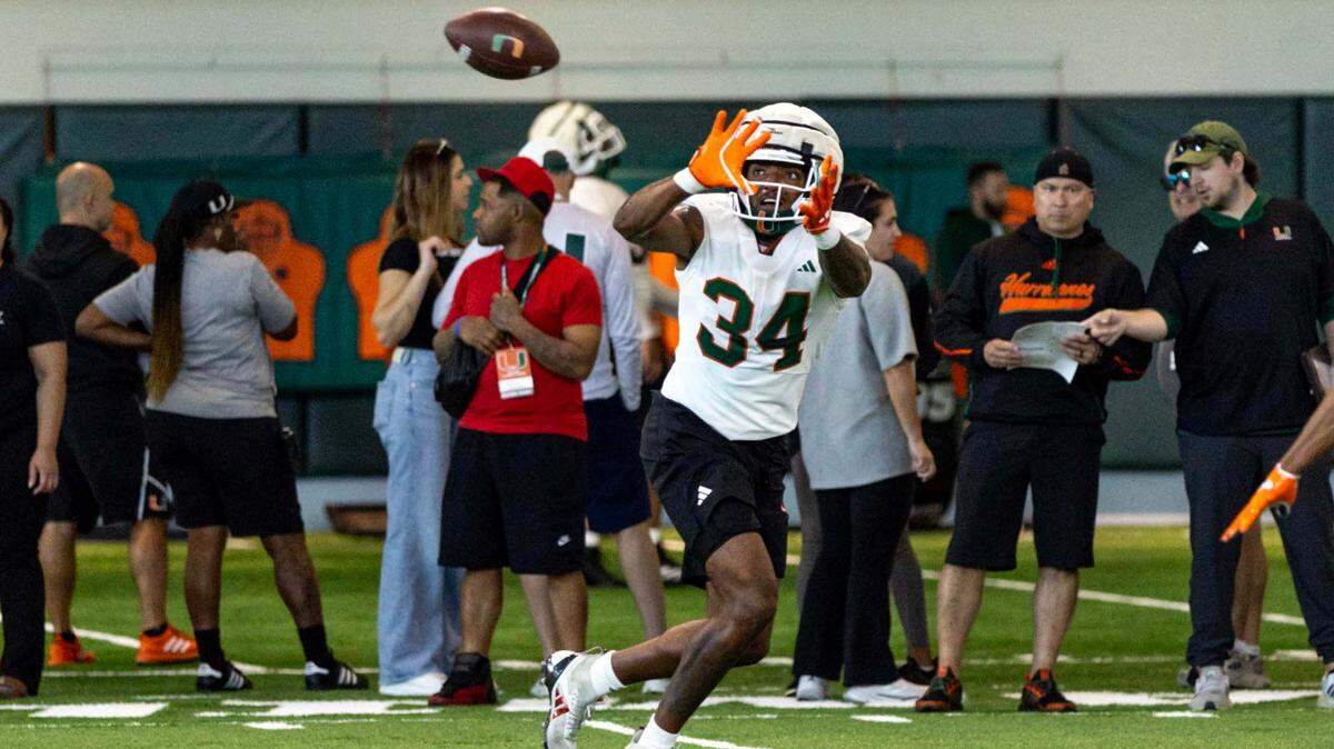 Miami Hurricanes linebacker Adarius Hayes during spring practice at the Carol Soffer Indoor Practice Facility at the University of Miami on Wednesday, March 5, 2025, in Coral Gables, Florida.