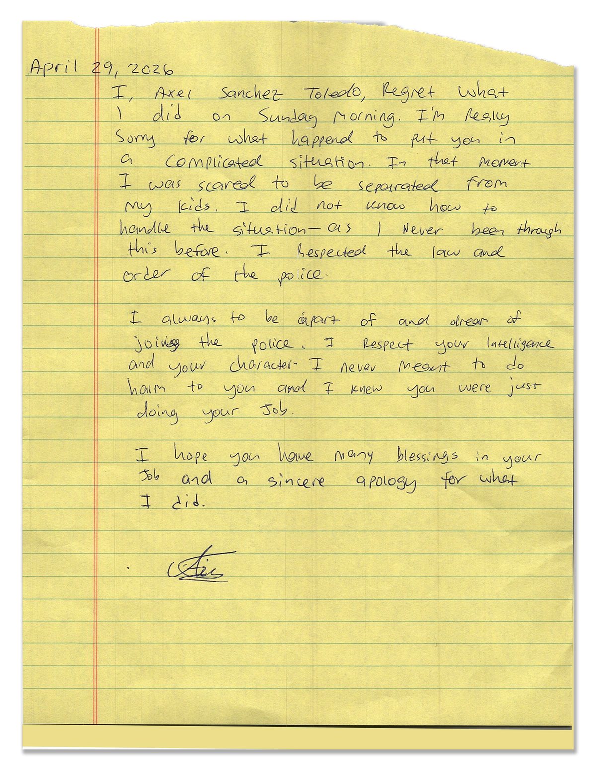 A scan of a handwritten letter on lined yellow paper.