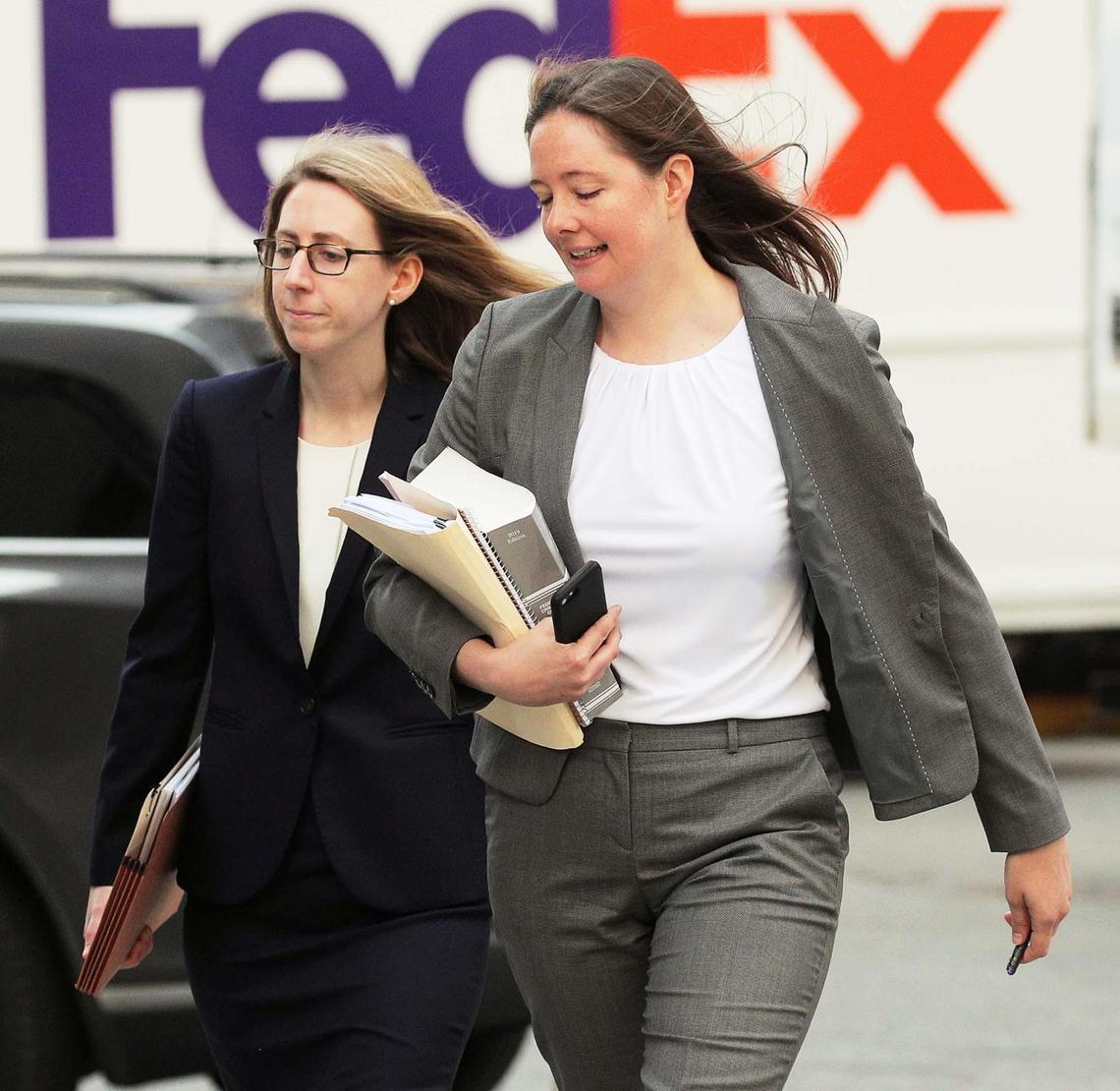 Assistant U.S. Attorney for the Southern District of New York Maurene Comey, right, and Assistant U.S. Attorney Alison Moe enter the courthouse ahead of a bail hearing in Jeffrey Epstein’s sex trafficking case in New York City on July 15, 2019. Because of his death in the lockup, Epstein’s trial never occurred. They are now working on the prosecution of Ghislaine Maxwell.