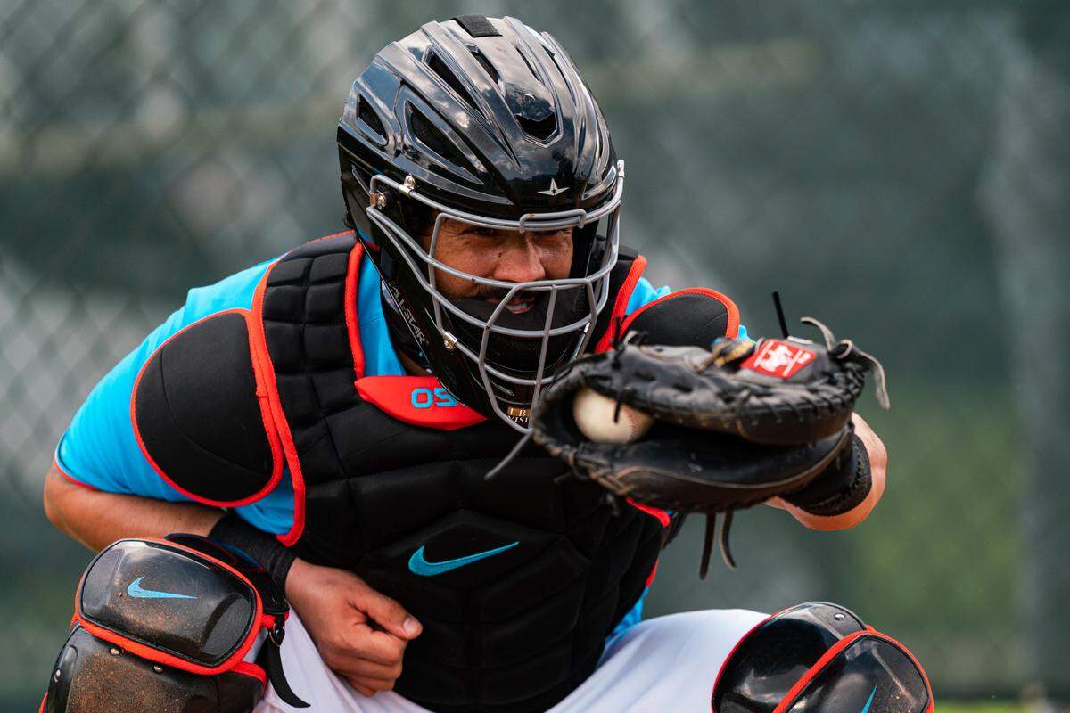 Miami Marlins Jorge Alfaro on the first day of Spring Training on February 18, 20201 at the Miami Marlins Spring Training facility at Roger Dean Chevrolet Stadium in Jupiter, Florida.
