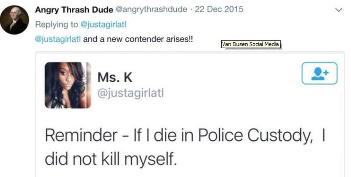 In this screen grab of a 2015 post on Twitter, Everett Stern, founder of Tactical Rabbit, a private intelligence agency, shared this image with investigators that he said was tweeted by Palm Beach deputy Jason Van Dusen under the username, @angrythrashdude.