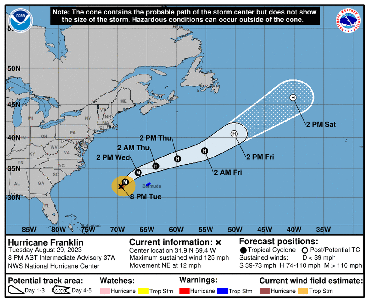 The forecast track of Hurricane Franklin as of 8 p.m. Aug. 29.