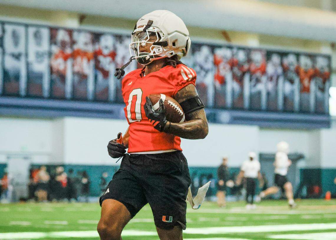 Miami Hurricanes defensive back Omar Thornton (0) runs though practice drills at the Carol Soffer Indoor Practice Facility on the University of Miami campus in Coral Gables, Florida, on Thursday, March 26, 2026.
