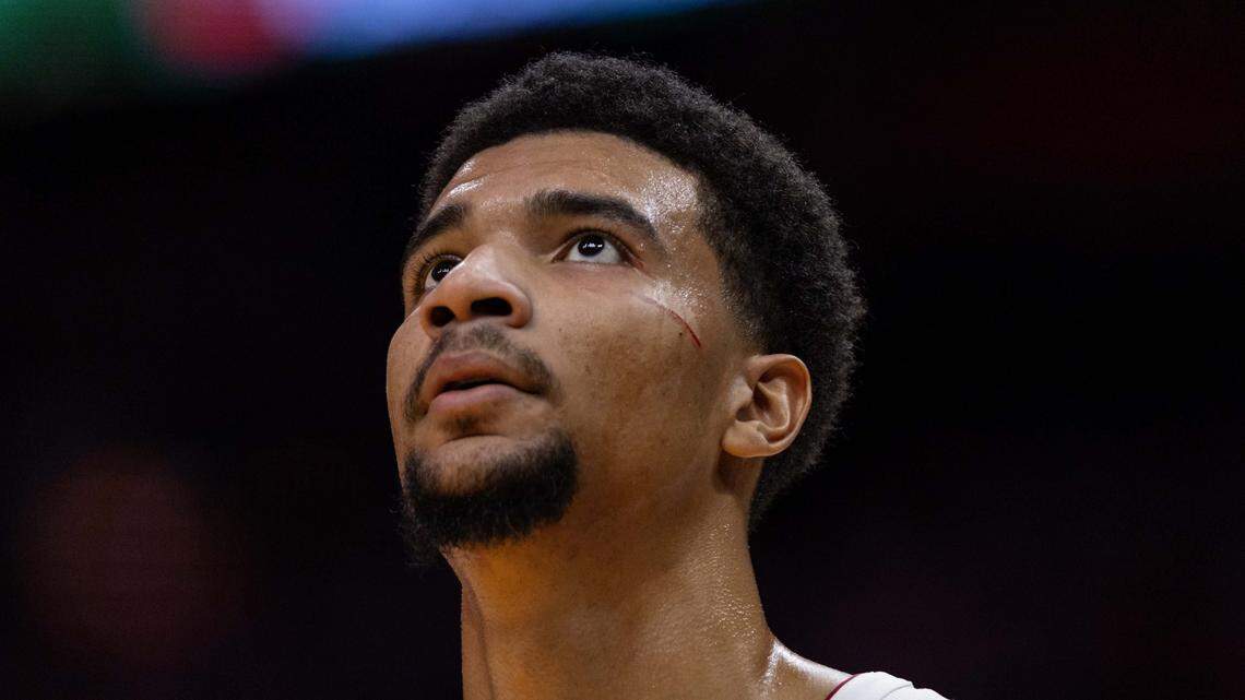 Miami Heat center Kel'El Ware (7) looks on during the second half of an NBA preseason game against the San Antonio Spurs at Kaseya Center on Wednesday, October 8, 2025, in Miami, Fla.