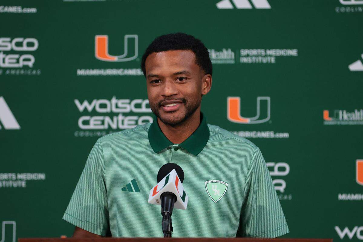 Miami Hurricanes head coach Jai Lucas speaks to reporters during practice at the Watsco Center in Coral Gables, Florida, Tuesday, October 28, 2025. 
