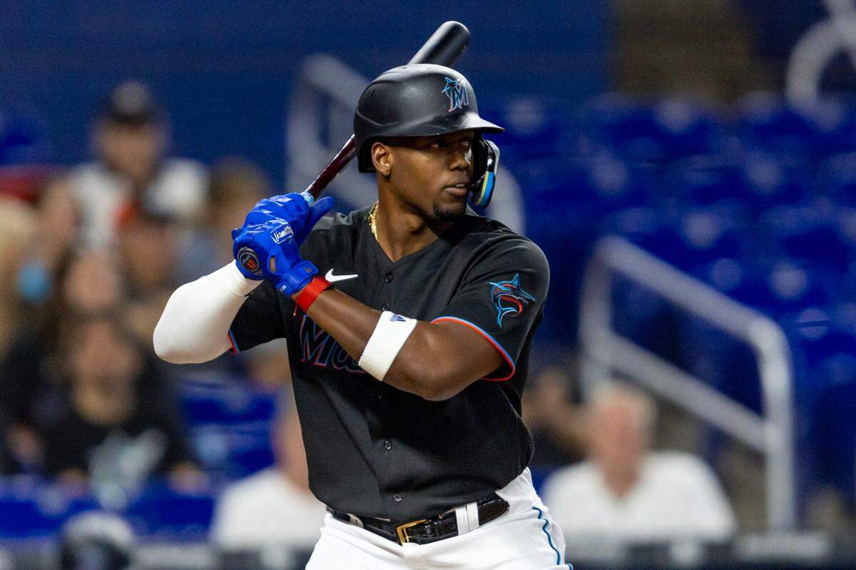 Miami Marlins designated hitter Jorge Soler (12) waits on a pitch during the third inning of an MLB game against the Washington Nationals at loanDepot park in the Little Havana neighborhood of Miami, Florida, on Thursday, May 18, 2023.