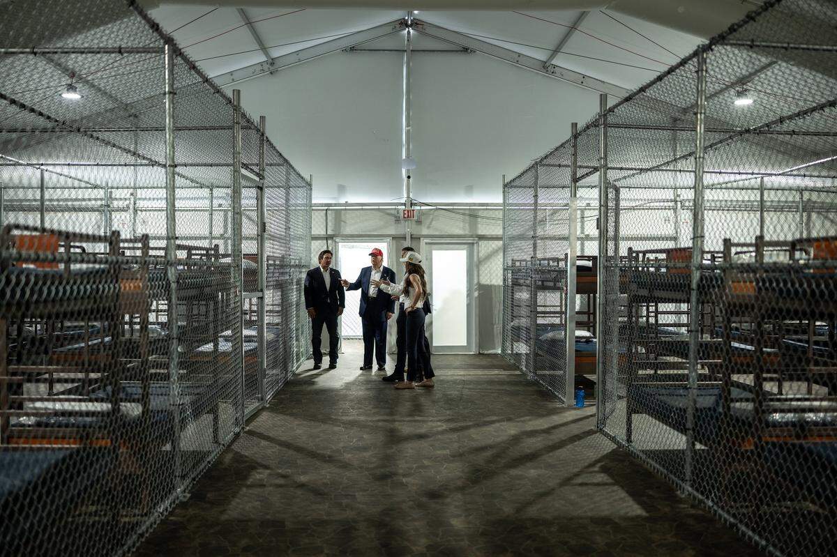 President Donald Trump tours Alligator Alcatraz in the Florida Everglades on Tuesday, July 1, 2025. 