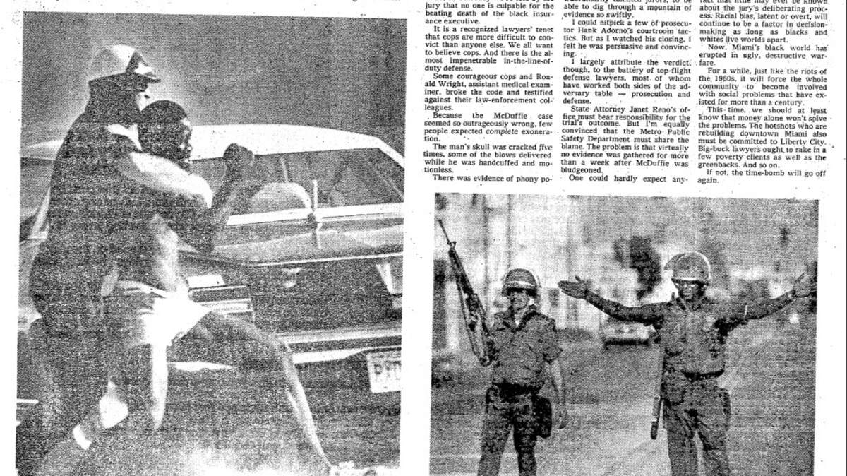 Una página de la edición del 19 de mayo de 1980 del Miami Herald. El veredicto en el juicio contra cuatro policías de Miami por la muerte a golpes de Arthur McDuffie desencadenó cuatro días de violencia en Liberty City y sus alrededores.