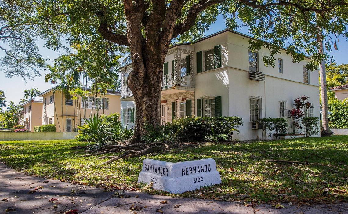A view of some of the 13 affordable, older small apartment buildings and duplexes on a Coral Gables city block that will be torn down to make way for a luxury residential development. The block is bounded by Malaga Avenue and Santander Avenue to the north and south, and Segovia Street and Hernando Street on the west and east.