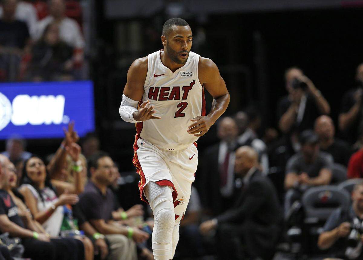 Miami Heat guard Wayne Ellington reacts after hitting a three pointer in the first quarter of an NBA basketball game against the San Antonio Spurs at AmericanAirlines Arena on November 7, 2018 in Miami.