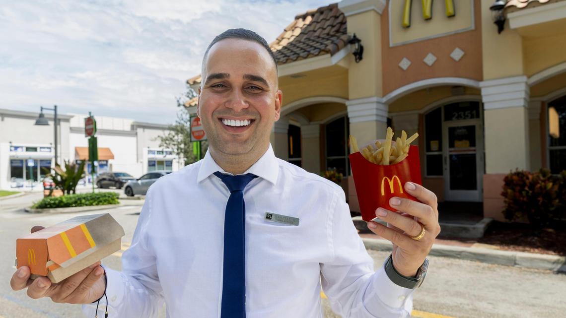 Marcial Hernandez Arias, 33, the general manager of a McDonald’s in Miramar, is outside serving his customers on Wednesday, Oct. 11, 2023. Arias recently was selected a Ray Kroc Award winner, the highest honor for the chain’s managers.