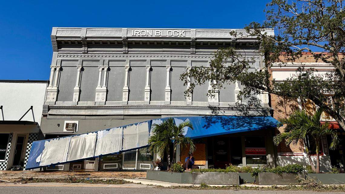 The Iron Block Building on Old Main across from the historic courthouse in Bradenton is pictured damaged after Hurricane Milton on Thursday, Oct. 10.