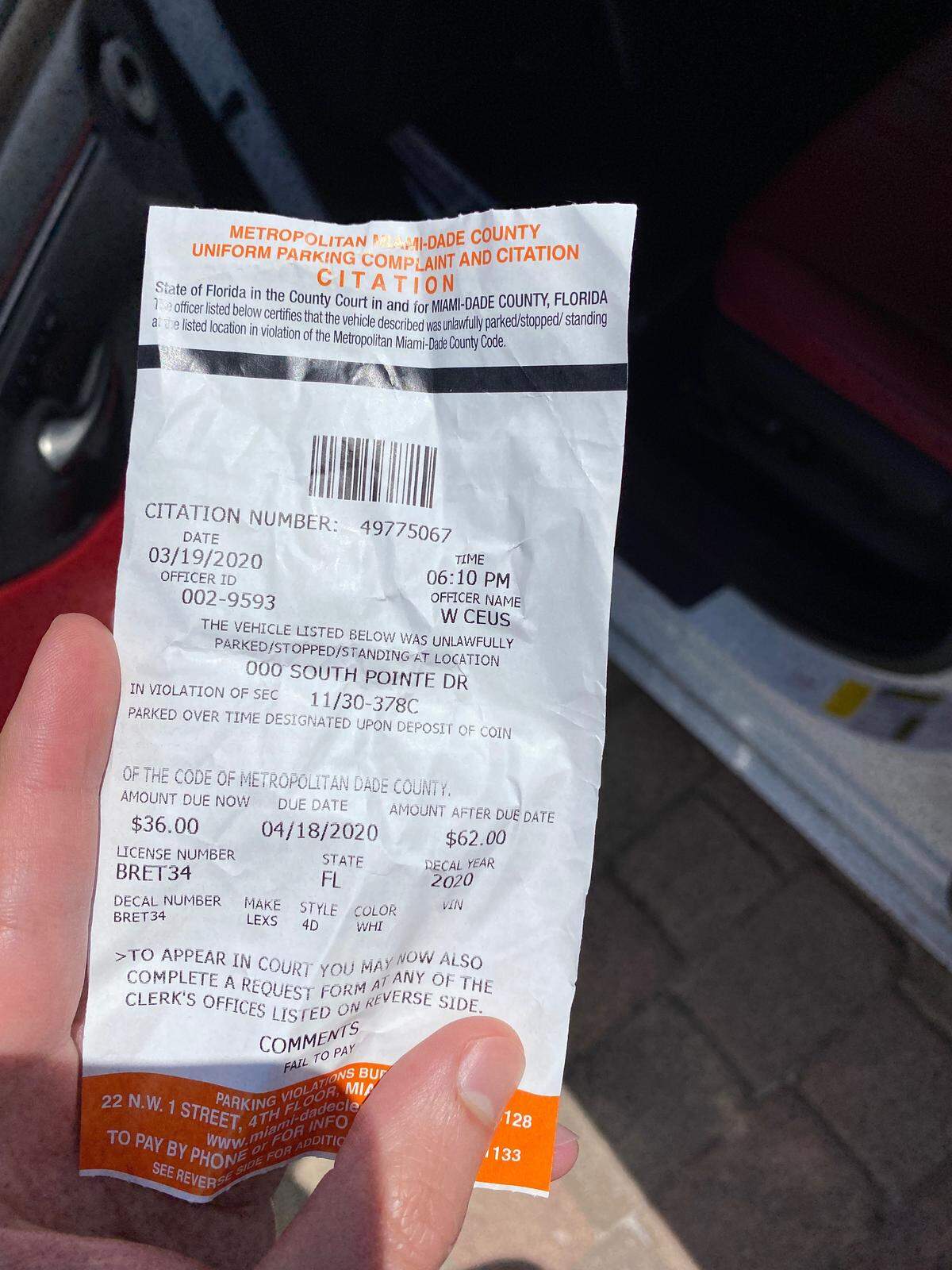 Josue Alvarez received a parking ticket in Miami Beach on March 19.